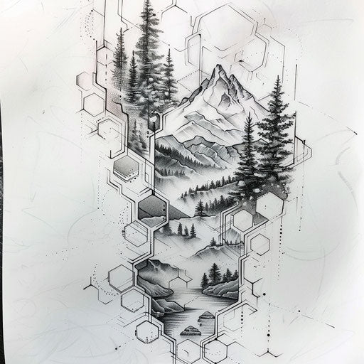 Dynamic flat tattoo sketch of hexagons morphing into natural landscapes