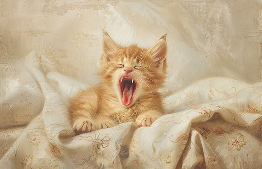 Adorable yawning kitten on a bed, light orange and light maroon style