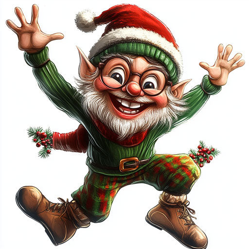 Humorous caricature of a Christmas caricature clipart with human characteristics, exaggerated bushy eyebrows, big feet, dancing, vibrant colors, cartoon style, waving, high resolution, no background, isolated