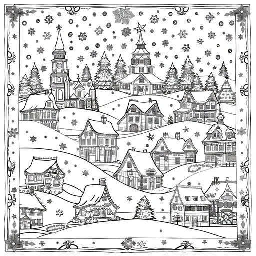 Intricate Christmas village with snowflakes in the style of Gennady Spirin coloring book page
