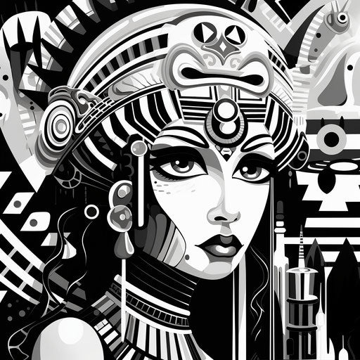Egyptian style art in black and white, light purple and light indigo tones