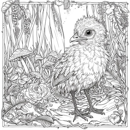 Lush forest with detailed chick coloring page