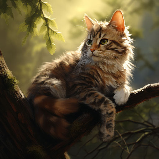 Manx cat lying on a tree branch