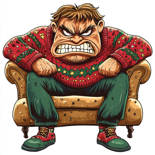 Humorous caricature of an ugly Christmas sweater with human characteristics