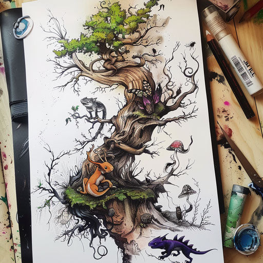 Fantasy forest with magical creatures and ancient tree
