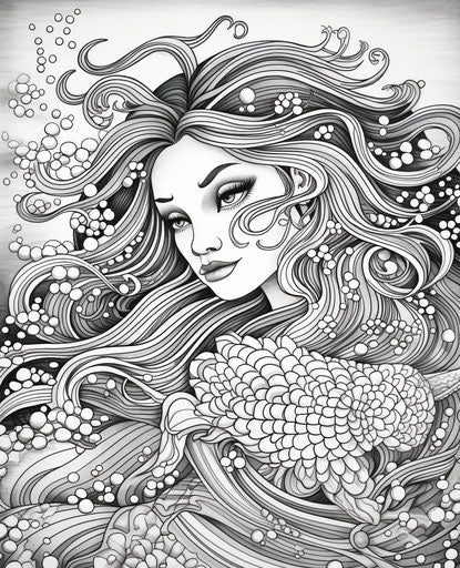 Mermaid coloring pages, tempera style, playful cartooning, cute and colorful, sparkling water reflections, commission for 25:31