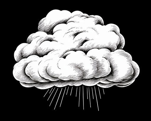 Lightning cloud, white isolated on transparent background, in Robert Crumb style, graphic black outlines