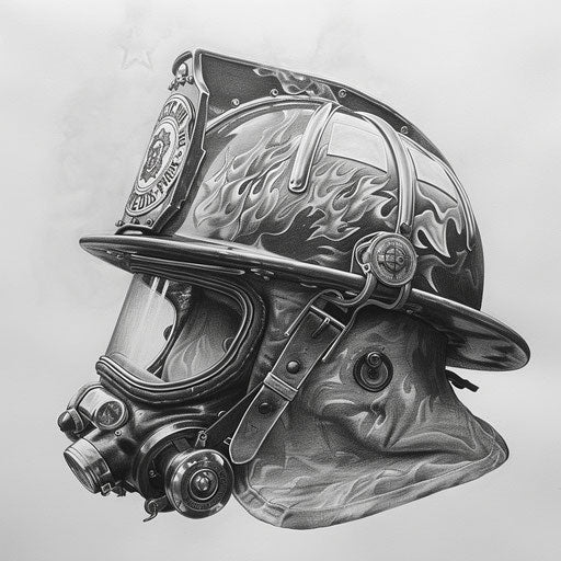 Sketch of vintage fireman's helmet with flames on white paper