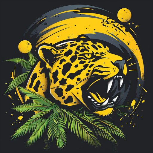 Fierce jaguar sports logo in yellow and black, with tropical backdrop