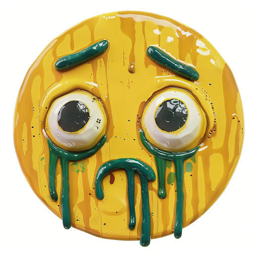 Round yellow face with tears and green liquid, emoticon style