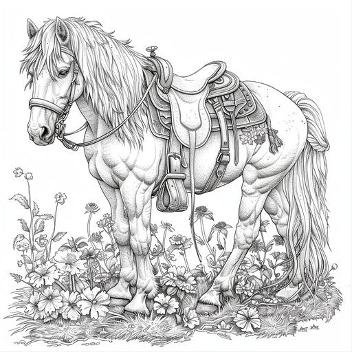Detailed illustration of a pony with a saddle and bridle