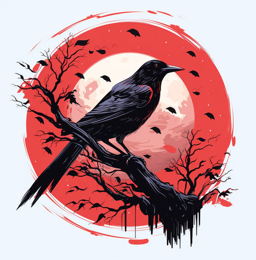 Crow on moon with raven on leaf isolated template vogue black
