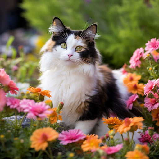 Calico cat in a flower bed with beautiful flowers