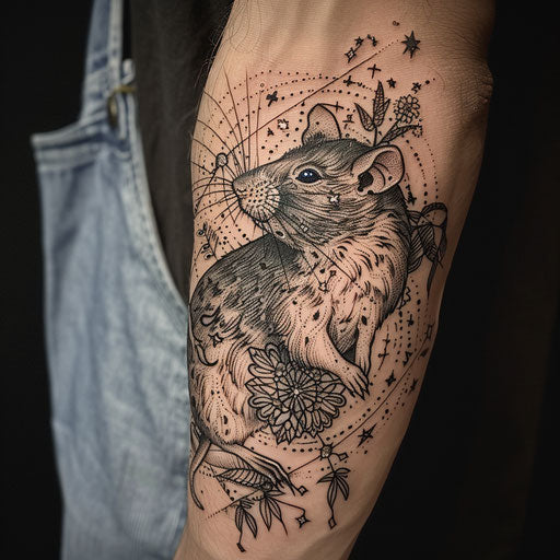 Elegant tattoo sketch of a rat with celestial motifs