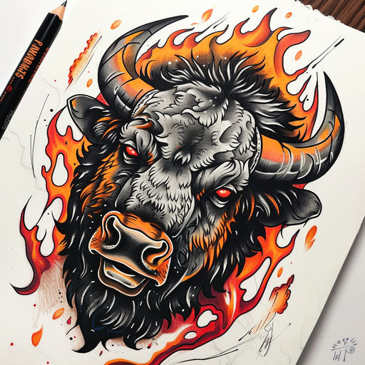 Energetic bison tattoo sketch with red and orange fiery accents