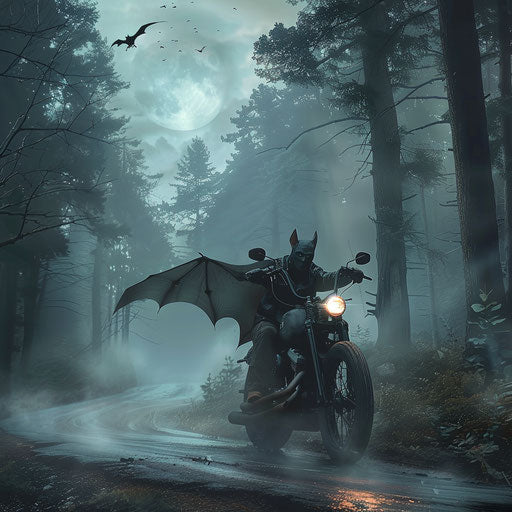 Bat on vintage motorcycle in foggy moonlit forest road