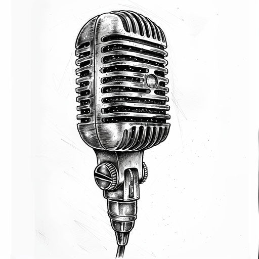 Vintage clipart style sparkle tattoo sketch of a classic microphone with silver glitter and black contrasts