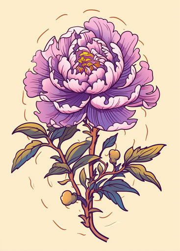 Bright purple peony flower with leaves and doodle