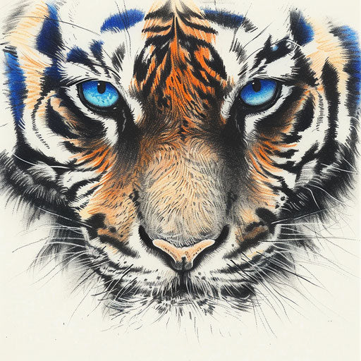 Elegant flat style tattoo sketch featuring close-up of tiger eyes in deep blue hues