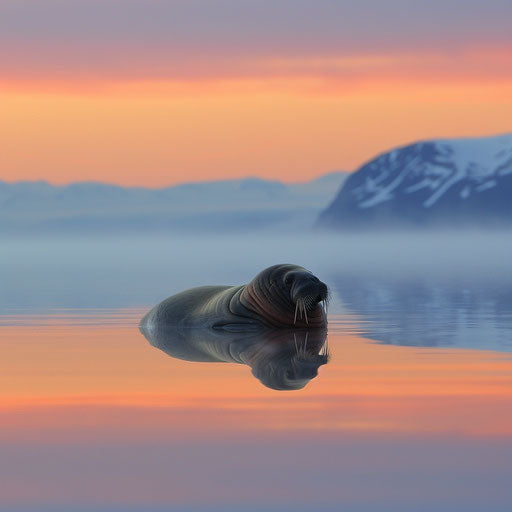 Seal and reflection in Arctic inlet at dawn