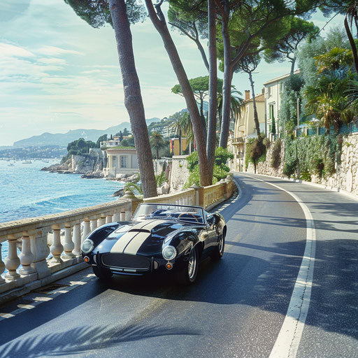 Shelby Daytona convertible with the top down cruising the French Riviera