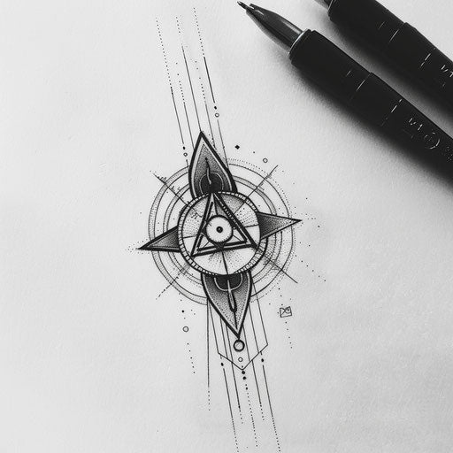 Monochrome tattoo sketch with David symbol and minimalist elements