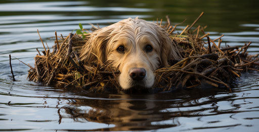 Golden retriever splashes with a duck
