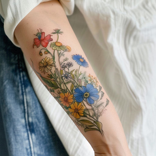 Wildflower tattoos woven into a tapestry