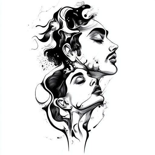 Beautiful flat tattoo sketch of mom and dad with surrealistic Salvador Dali influence on white background