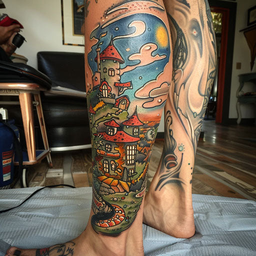 Calf tattoo with whimsical themes