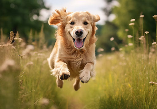 Golden retriever with eyes closed jumping in meadow