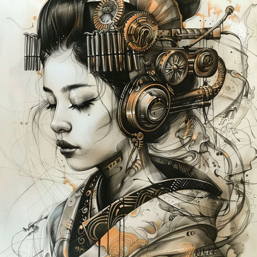 Steampunk geisha tattoo with mechanical elements and bronze tones