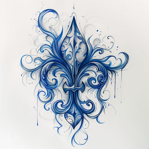 Dynamic tattoo sketch of a fleur de lis with swirling wind elements and cool blue tones