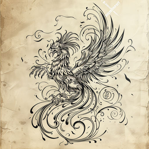 Tattoo sketch of a phoenix rising from ashes with intricate feather details