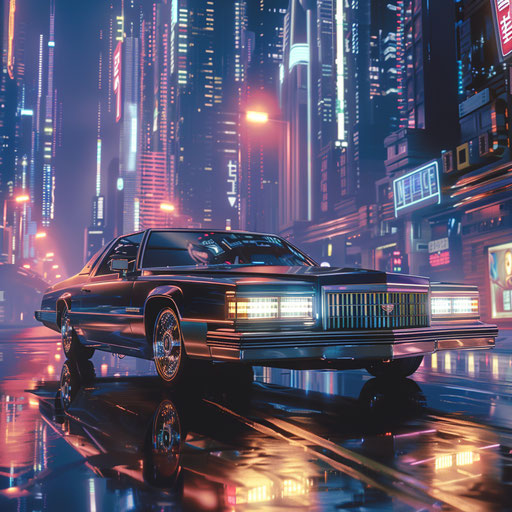 Sleek 83 coupe with retro-futuristic conversion in a sci-fi city