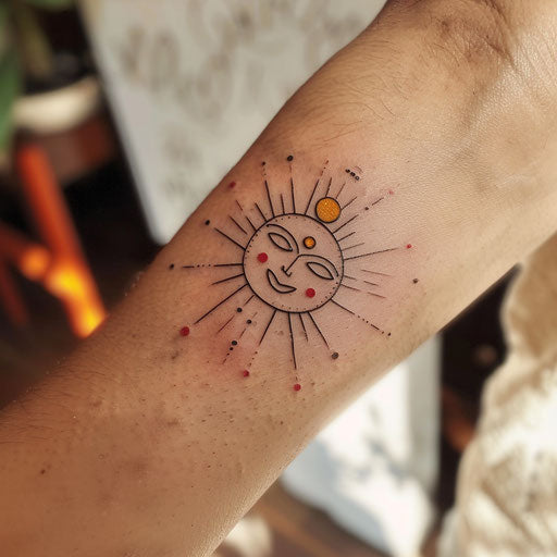 Minimalist Mayan sun tattoo, black outline with pops of red and yellow, on white background.