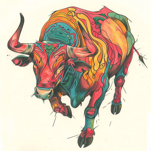 Playful and colorful cartoon bull tattoo drawing on bright white background