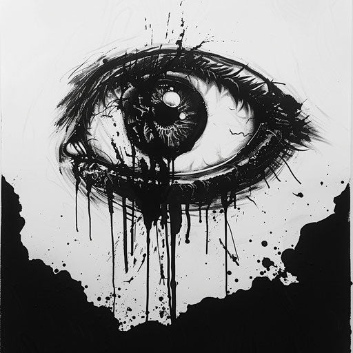 Black horror-themed tattoo, eerie eyeball design on white canvas