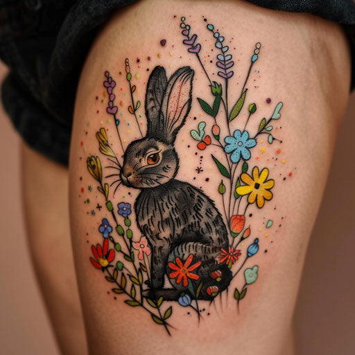 Black rabbit in a field of colorful wildflowers