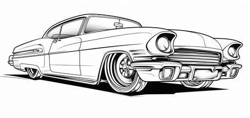 Vintage car coloring page, luminous primitivist style
