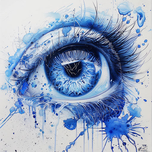 Blue and white eye with blue tint, graffiti-inspired style