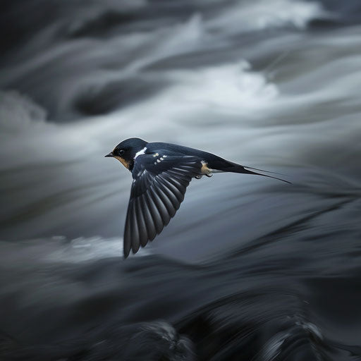 Barn swallow bird gliding over a river