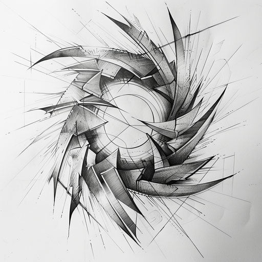 Dynamic geometric tattoo sketch with flowing arrows