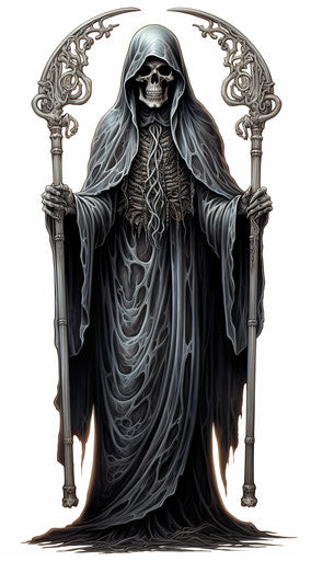 Drawings of the grim reaper, detailed in silver and bronze