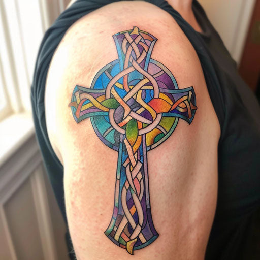 Vibrant celtic cross stained glass on white background