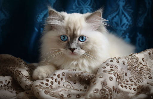 White kitten sitting on a fluffy white blanket