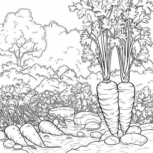 Carrot family in a garden. Coloring book page