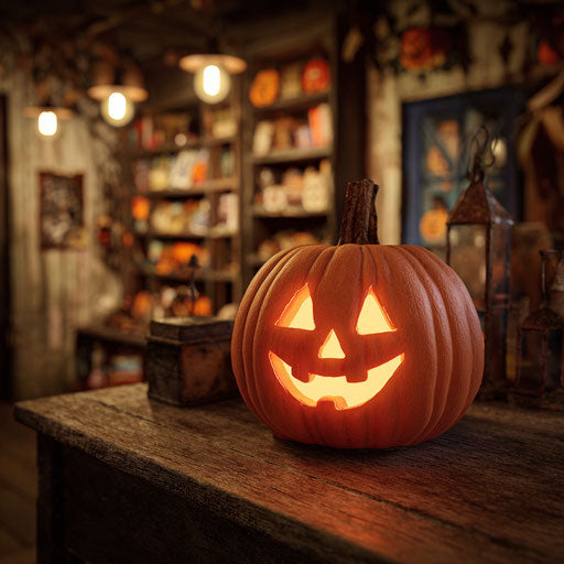 Glowing Jack-O'-Lantern on a Wooden Surface