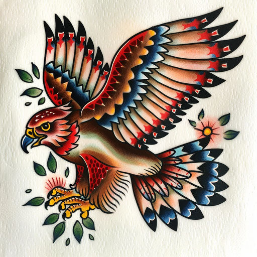 Vintage-inspired hawk tattoo art on white canvas