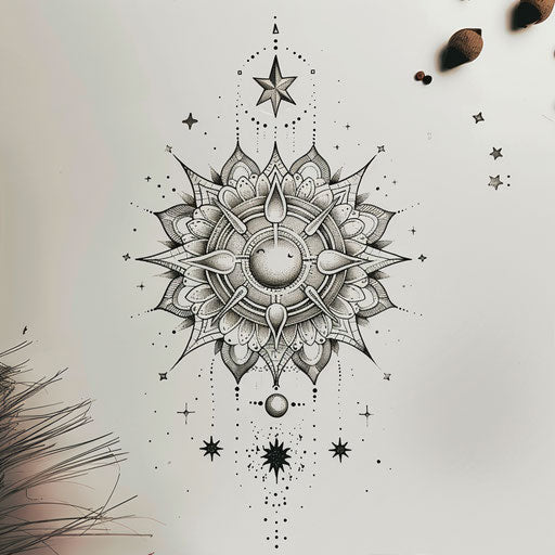Drawing of a mystical mandala with stars and moons